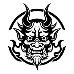 Traditional Demon Mask with Horns and Intense Expression in Black and White Line Art