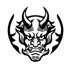 Traditional Demon Mask with Horns and Intense Expression in Black and White Line Art