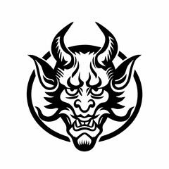 Traditional Demon Mask with Horns and Intense Expression in Black and White Line Art