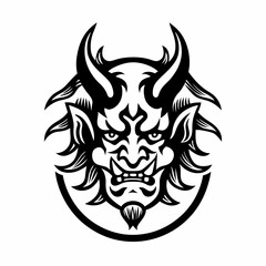 Traditional Demon Mask with Horns and Intense Expression in Black and White Line Art