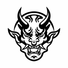 Traditional Demon Mask with Horns and Intense Expression in Black and White Line Art