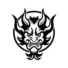Traditional Demon Mask with Horns and Intense Expression in Black and White Line Art