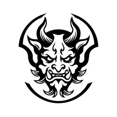 Traditional Demon Mask with Horns and Intense Expression in Black and White Line Art