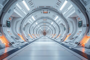 Fototapeta premium Futuristic corridor in a sci-fi environment with sleek design and lighting.