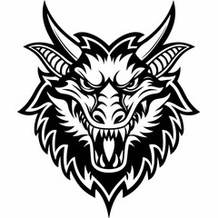 Intricate Line Art of Demon Wolf Hybrid with Horns and Aggressive Expression