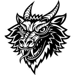 Intricate Line Art of Demon Wolf Hybrid with Horns and Aggressive Expression