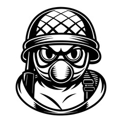 Stylized Line Art of Soldier in Gas Mask with Helmet and Tactical Gear