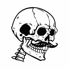 Line Art of Skull with Mustache in Profile, Vintage and Playful Design