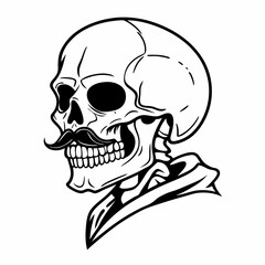 Line Art of Skull with Mustache in Profile, Vintage and Playful Design