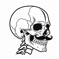 Line Art of Skull with Mustache in Profile, Vintage and Playful Design