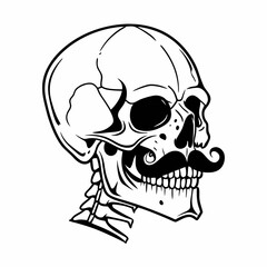 Line Art of Skull with Mustache in Profile, Vintage and Playful Design