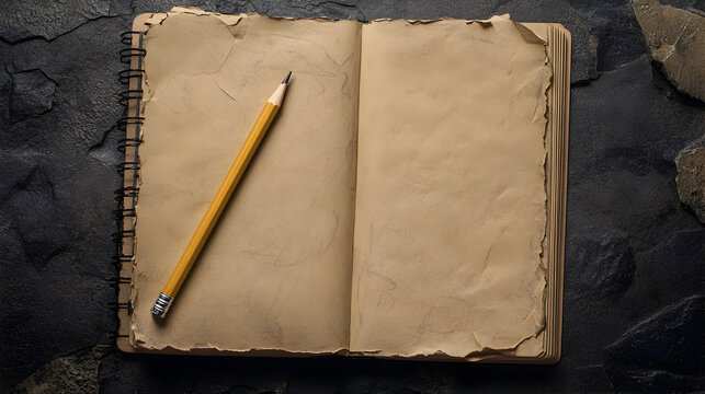 blank notebook with a pencil resting on its pages, inviting creativity and artistic expression 