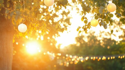 Enchanting summer evening with lanterns in a sunlit garden
