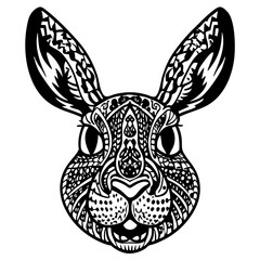 Intricate Line Art of Rabbit Face with Detailed Floral and Geometric Patterns