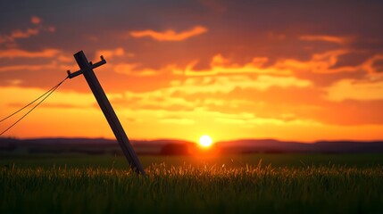 Broken Pole in a Sunset Field