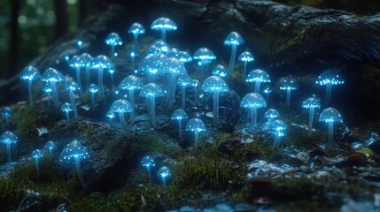 A collection of bioluminescent blue mushrooms growing in ethereal forest, glowing in dark