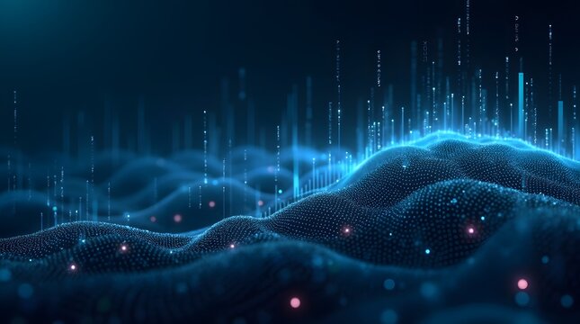 Digital background perfect for tech processes, neural networks, artificial intelligence, data transfer and encryption, digital archives, sound and graphic presentations, science, education, etc