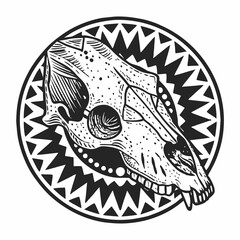 Intricate Line Art of Animal Skull with Detailed Geometric and Floral Patterns