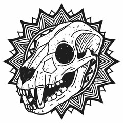 Intricate Line Art of Animal Skull with Detailed Geometric and Floral Patterns
