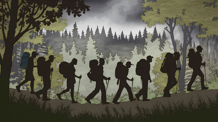 A group of hikers walks through a scenic forest trail in silhouette style, with mountains, trees, and a dramatic sky in the background, perfect for adventure and nature themes.