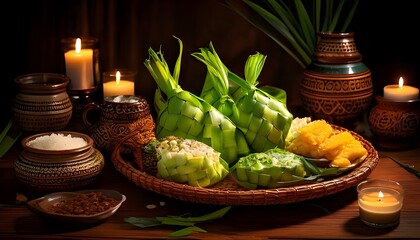 A celebratory Ramadan table with ketupat, opor ayam, and warm candlelight creating a cozy atmosphere
