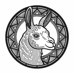 Intricate Line Art of Llama Face with Detailed Patterns and Decorative Designs