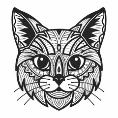 Intricate Line Art of a Cat Face with Detailed Patterns and Geometric Designs