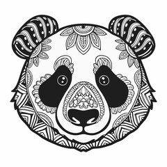Intricate Line Art of Panda Face with Detailed Floral and Geometric Patterns