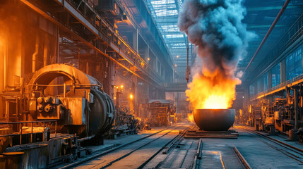 Majestic steel mill interior showcasing the artistry of industrial architecture with vibrant colors and dynamic elements