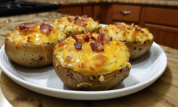 Baked Potatoes Topped with Mac and Cheese and Crispy Bacon