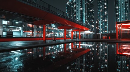 Night Cityscape Reflection: Red Bridge and Skyscrapers