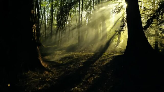 Handheld establishing video in a backlit forest, the camera nervously moves through a dimly lit forest with sunlight filtering through the leaves creating streaks