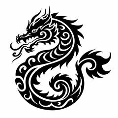Intricate Black and White Dragon Tattoo Design with Flowing Curves and Detailed Scales