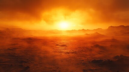 Fiery Sunset over Martian Landscape: A Digital Painting
