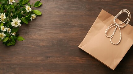 Brown Paper Gift Bag with White Flowers on Dark Wood