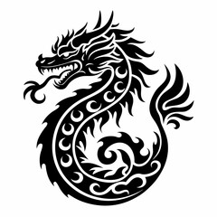 Intricate Black and White Dragon Tattoo Design with Flowing Curves and Detailed Scales