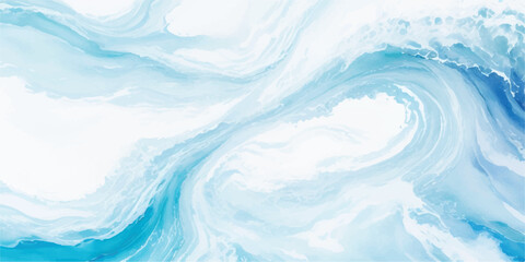 Serene and peaceful watercolor ocean waves in shades of blue and white, capturing the essence of a large tropical water splash, with the smooth fluidity of a cartoonish tsunami wave effect.
