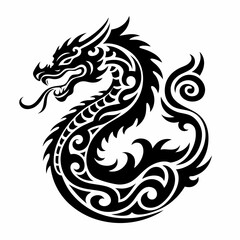 Intricate Black and White Dragon Tattoo Design with Flowing Curves and Detailed Scales