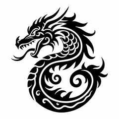 Intricate Black and White Dragon Tattoo Design with Flowing Curves and Detailed Scales