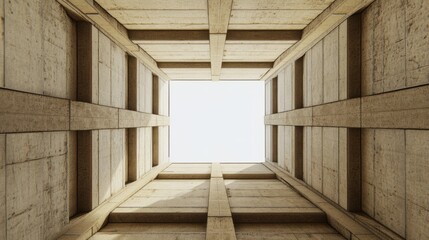 Low-angle view of a bright light square at the top of a concrete structure with wooden beams.