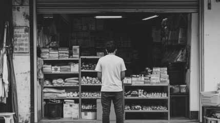 Man standing in a small, well-stocked shop.