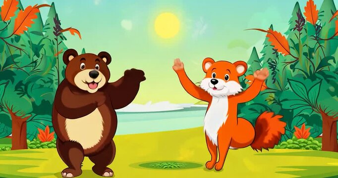 Cartoonish animals like a bear and a fox in a croton-filled forest background, dancing comically to funky beats in a sunny atmosphere