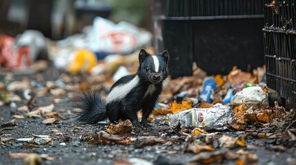 Skunk foraging through garbage in a messy urban landscape with autumn leaves in wide-angle shot