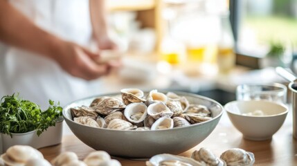Fresh oysters being prepared in a bright kitchen with herbs and drinks in the background