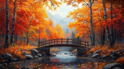 Autumnal Serenity: A Misty Bridge in a Vibrant Forest
