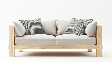 Modern Minimalist Wooden Sofa with Gingham Pillows