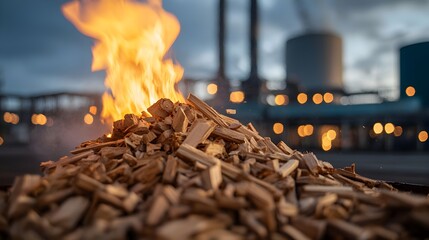 Burning Wood Chips at Dusk Near Industrial Complex