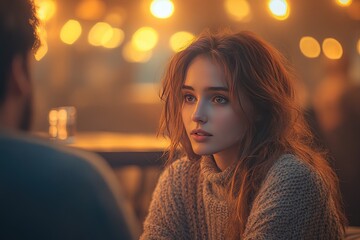 Young Woman in Cozy Sweater Enjoying Conversational Evening with Warm Ambient Lighting