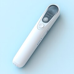 Digital infrared thermometer placed on a minimalist background with its sleek design symbolizing accurate temperature readings for patient care