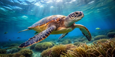 Obraz premium Graceful Sea Turtle Swimming Through Vibrant Coral Reef Landscape